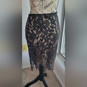 love, Fire Black Lace Pencil Skirt w Tan Underskirt. Xs